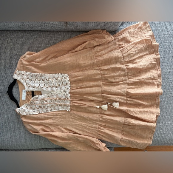 Zara Embroidered Bib Tassel Mini Dress in Tan Peach Size Large - Picture 12 of 16